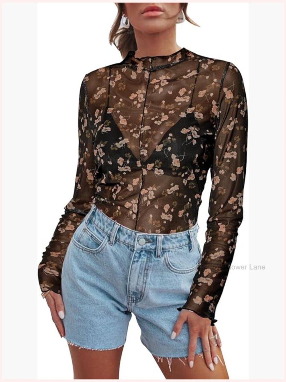 Sheer Floral Long Sleeve Layering Top Ruffled Mock Neck Blouse